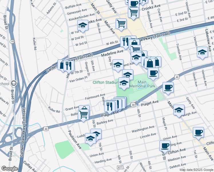 map of restaurants, bars, coffee shops, grocery stores, and more near 100 Marilyn Place in Clifton