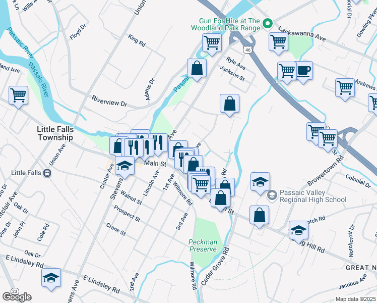 map of restaurants, bars, coffee shops, grocery stores, and more near 55 Van Ness Avenue in Little Falls