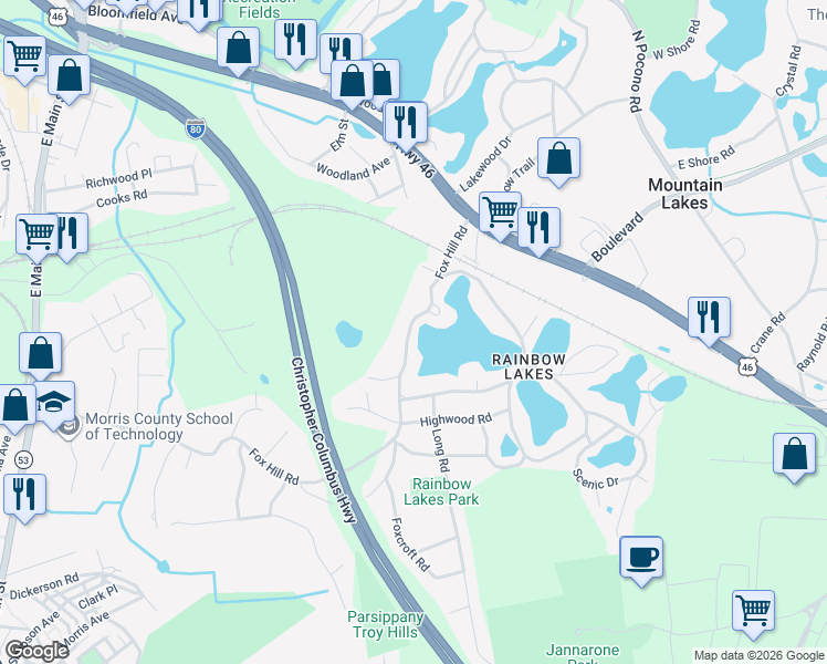 map of restaurants, bars, coffee shops, grocery stores, and more near 69 Fox Hill Road in Denville