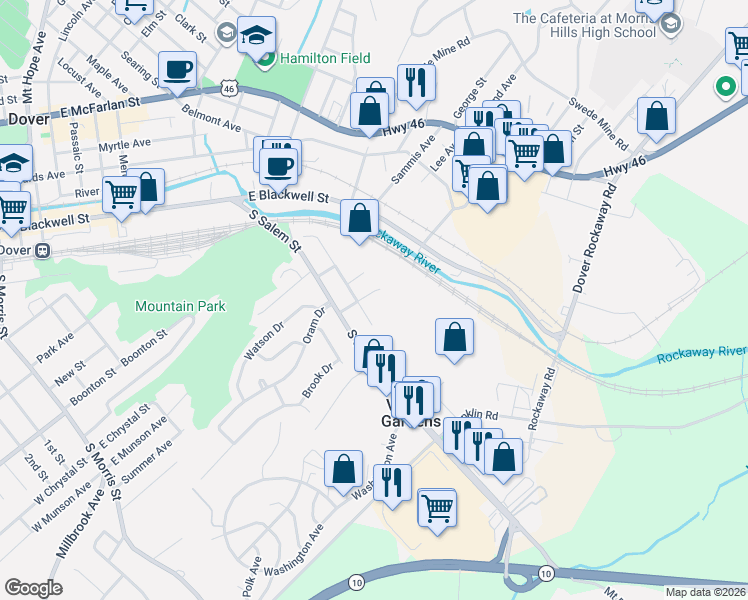 map of restaurants, bars, coffee shops, grocery stores, and more near 28 Harrison Street in Dover