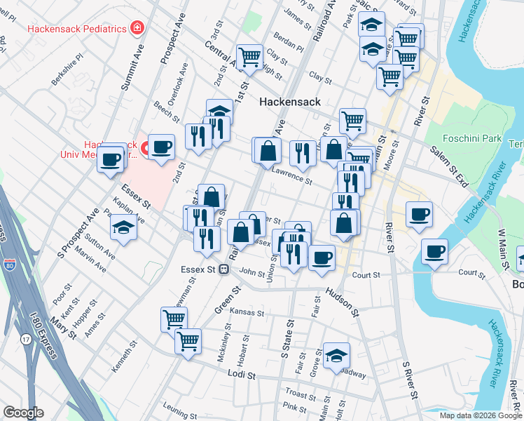 map of restaurants, bars, coffee shops, grocery stores, and more near 125 Atlantic Street in Hackensack
