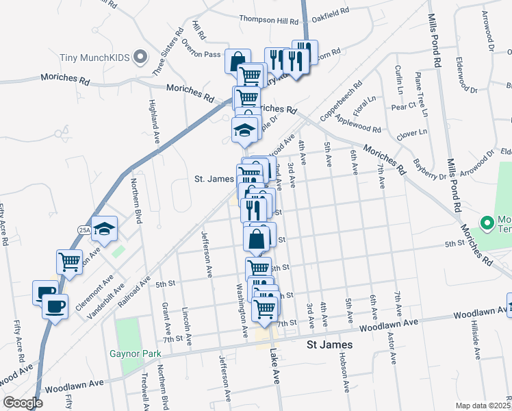 map of restaurants, bars, coffee shops, grocery stores, and more near 476 Lake Avenue in Saint James