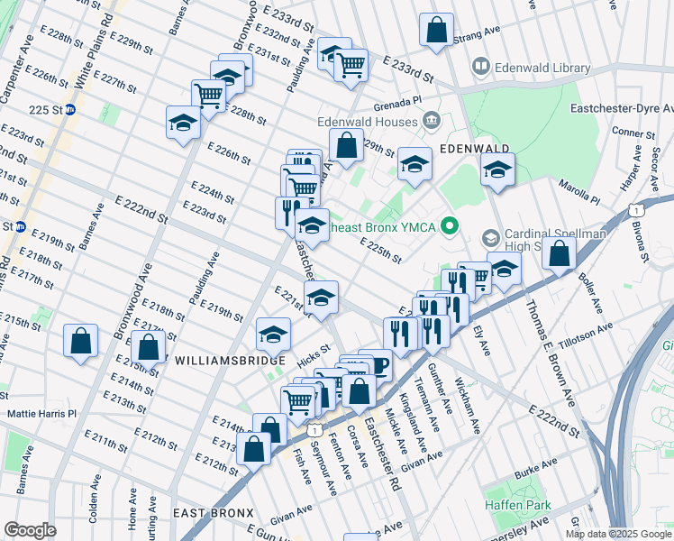 map of restaurants, bars, coffee shops, grocery stores, and more near 1165 East 223rd Street in Bronx