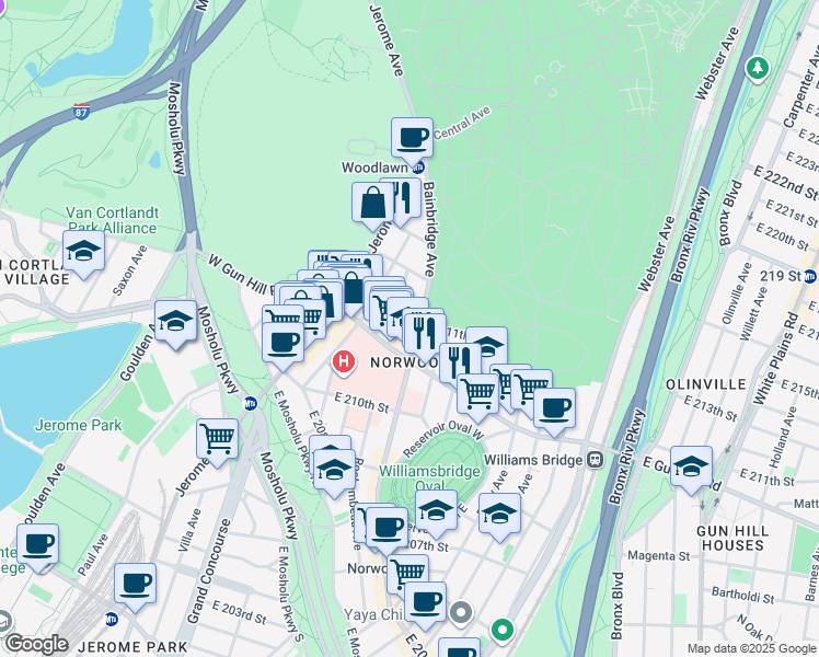 map of restaurants, bars, coffee shops, grocery stores, and more near 3525 Bainbridge Avenue in Bronx