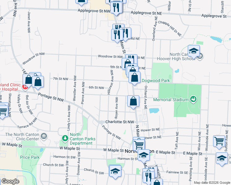map of restaurants, bars, coffee shops, grocery stores, and more near 600 Royer Avenue Northwest in North Canton