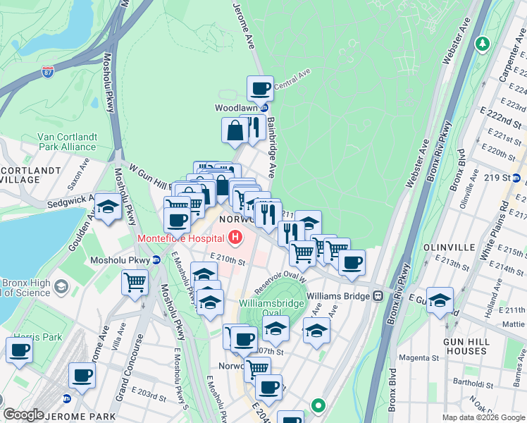 map of restaurants, bars, coffee shops, grocery stores, and more near 3560 Bainbridge Avenue in Bronx