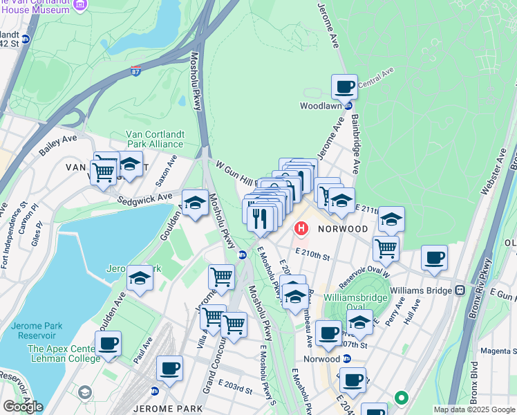 map of restaurants, bars, coffee shops, grocery stores, and more near in The Bronx