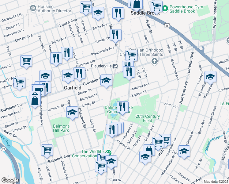 map of restaurants, bars, coffee shops, grocery stores, and more near 24 Dahnert Park Lane in Garfield