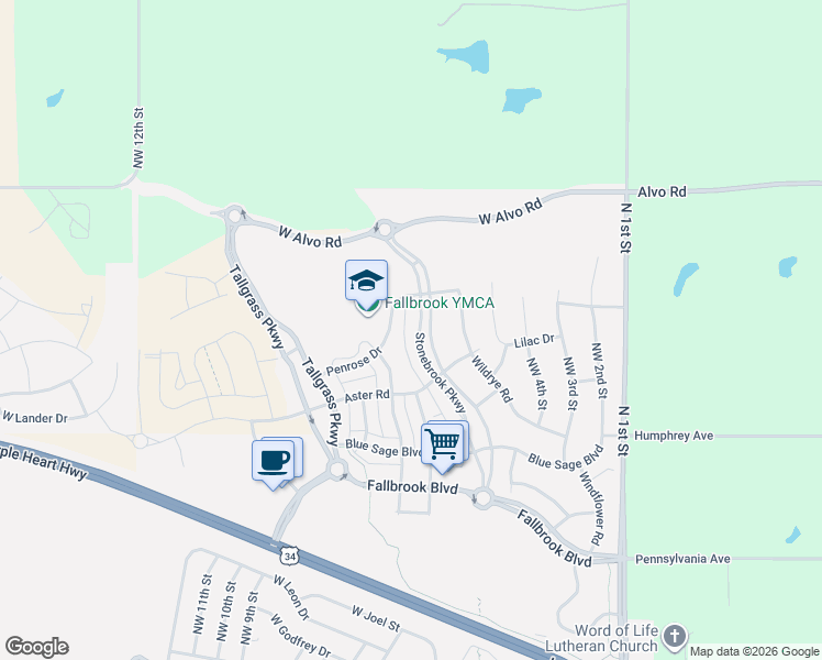map of restaurants, bars, coffee shops, grocery stores, and more near 595 Penrose Drive in Lincoln
