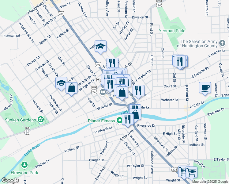 map of restaurants, bars, coffee shops, grocery stores, and more near 418 North Jefferson Street in Huntington