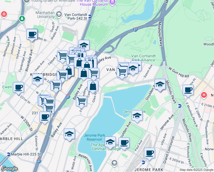 map of restaurants, bars, coffee shops, grocery stores, and more near 3821 Sedgwick Avenue in Bronx