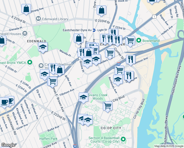 map of restaurants, bars, coffee shops, grocery stores, and more near 2180 Reeds Mill Lane in Bronx