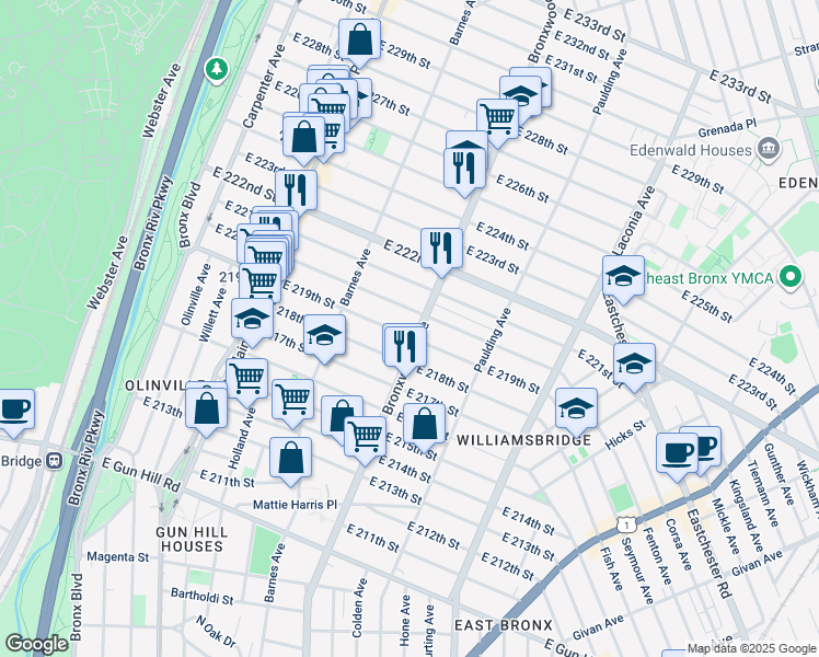 map of restaurants, bars, coffee shops, grocery stores, and more near in The Bronx