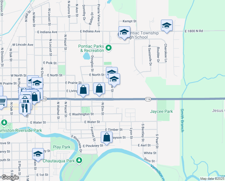 map of restaurants, bars, coffee shops, grocery stores, and more near 400 North Morrow Street in Pontiac