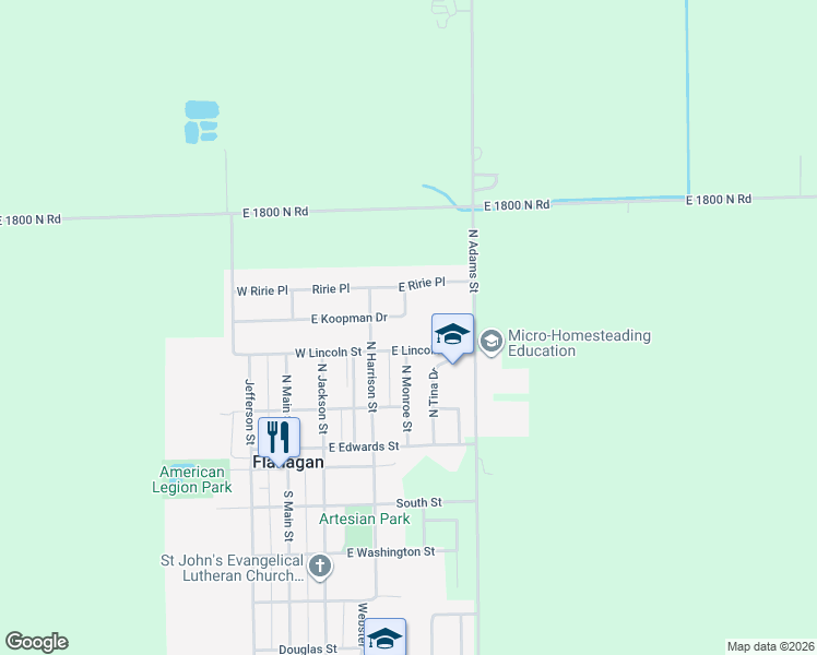 map of restaurants, bars, coffee shops, grocery stores, and more near 304 East Koopman Drive in Flanagan