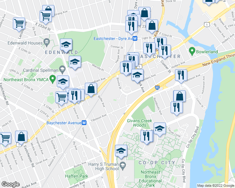 map of restaurants, bars, coffee shops, grocery stores, and more near 3475 Bivona Street in Bronx