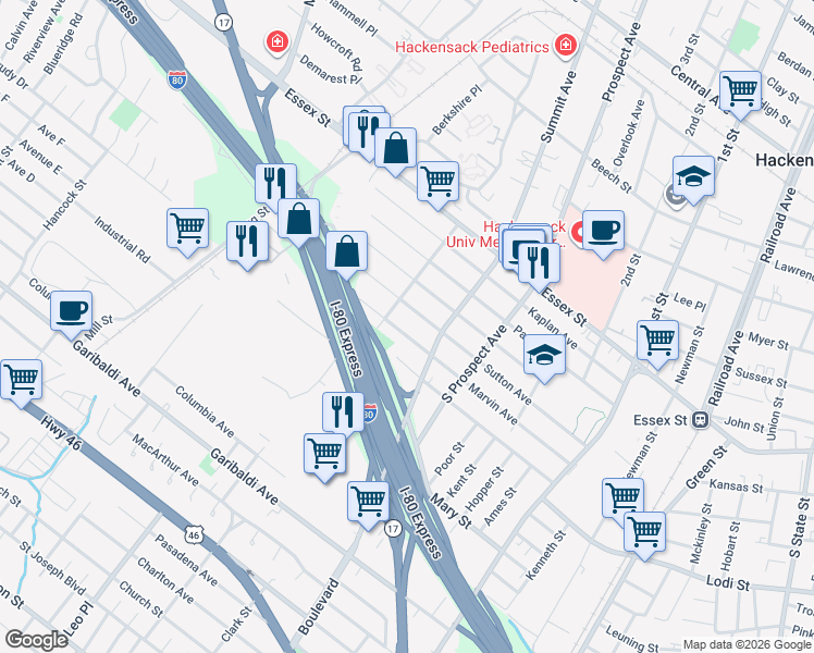 map of restaurants, bars, coffee shops, grocery stores, and more near 434 Marvin Avenue in Hackensack