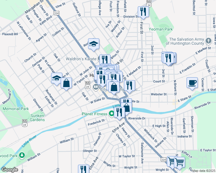 map of restaurants, bars, coffee shops, grocery stores, and more near 418 North Jefferson Street in Huntington