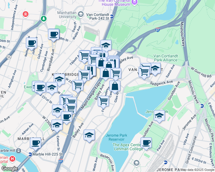 map of restaurants, bars, coffee shops, grocery stores, and more near 3476 Bailey Avenue in The Bronx