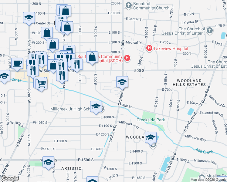 map of restaurants, bars, coffee shops, grocery stores, and more near 325 Peach Lane in Bountiful