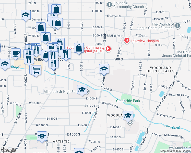 map of restaurants, bars, coffee shops, grocery stores, and more near 283 Peach Lane in Bountiful