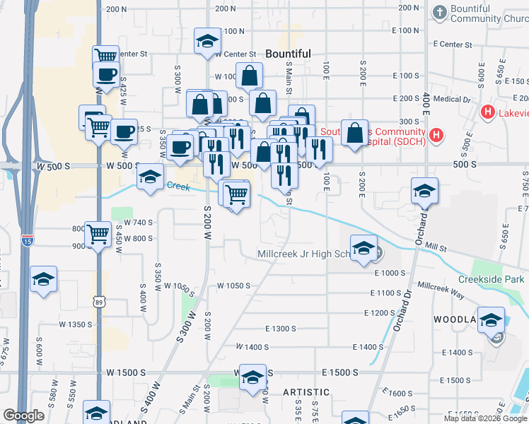 map of restaurants, bars, coffee shops, grocery stores, and more near 650 South Main Street in Bountiful