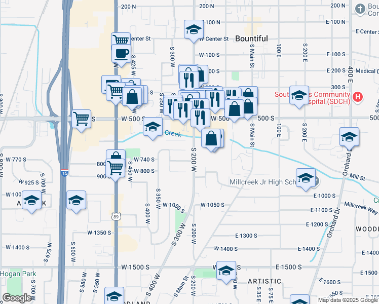 map of restaurants, bars, coffee shops, grocery stores, and more near 234-240 West 650 South in Bountiful
