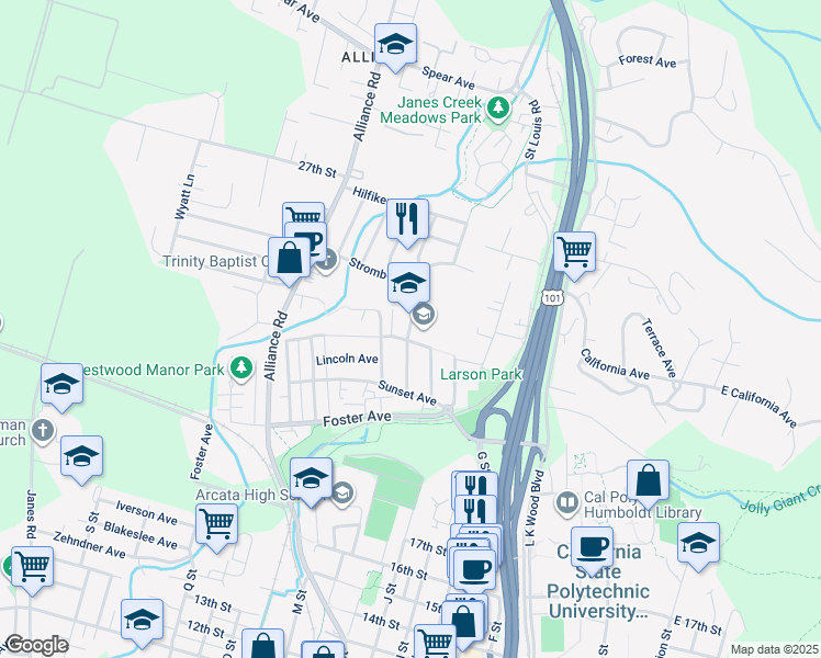 map of restaurants, bars, coffee shops, grocery stores, and more near 2400 Baldwin Street in Arcata