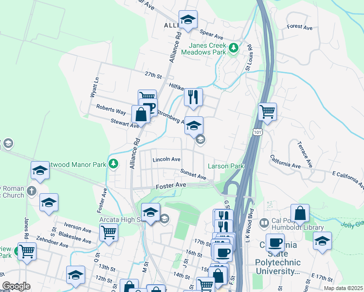 map of restaurants, bars, coffee shops, grocery stores, and more near 2312 Wilson Street in Arcata