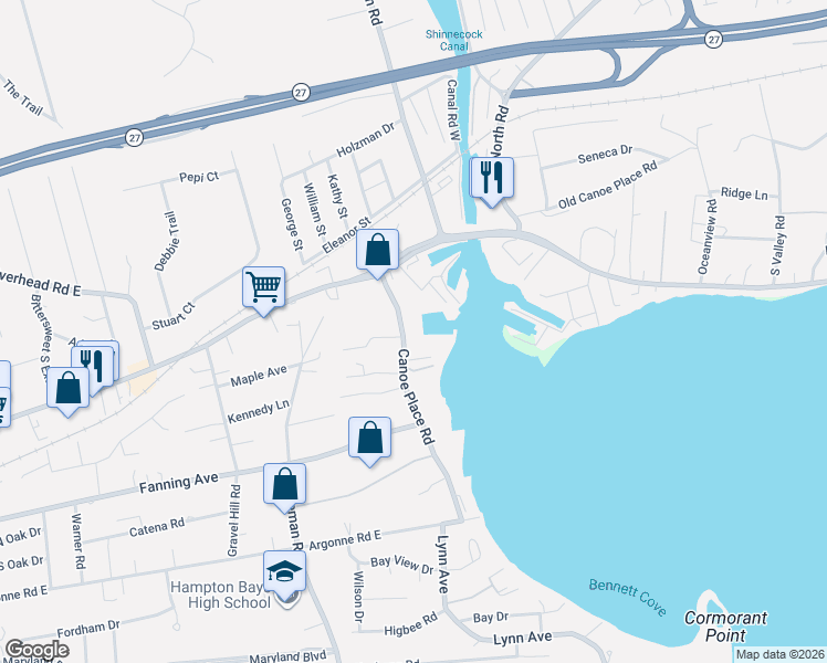 map of restaurants, bars, coffee shops, grocery stores, and more near 12 Canoe Place Road in Hampton Bays