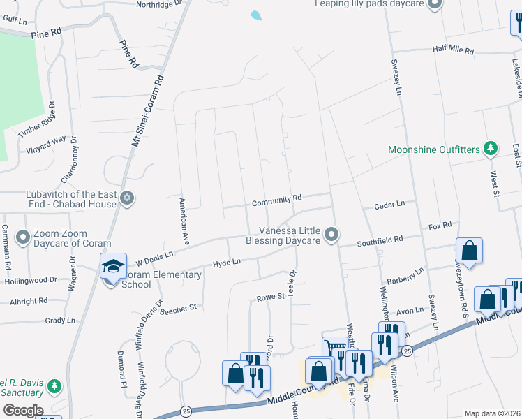 map of restaurants, bars, coffee shops, grocery stores, and more near 23 Community Road in Coram