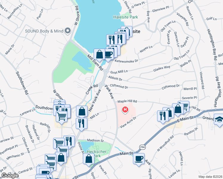 map of restaurants, bars, coffee shops, grocery stores, and more near 187 Park Avenue in Halesite