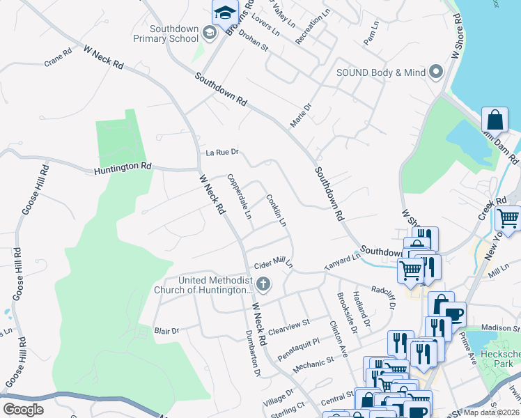 map of restaurants, bars, coffee shops, grocery stores, and more near 6 Blue Grass Court in Huntington