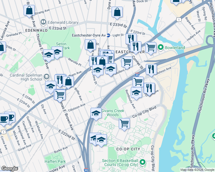 map of restaurants, bars, coffee shops, grocery stores, and more near 2180 Reeds Mill Lane in Bronx