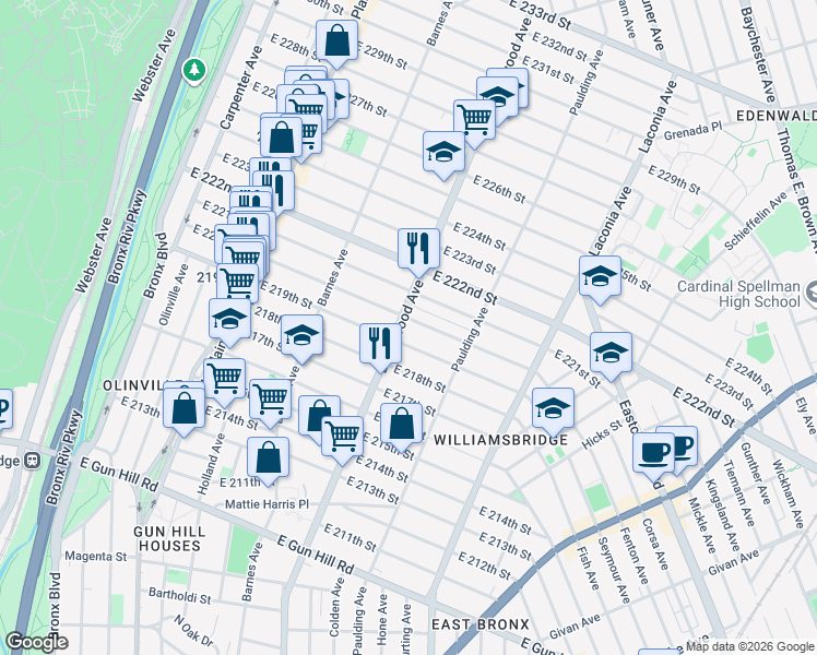 map of restaurants, bars, coffee shops, grocery stores, and more near in The Bronx