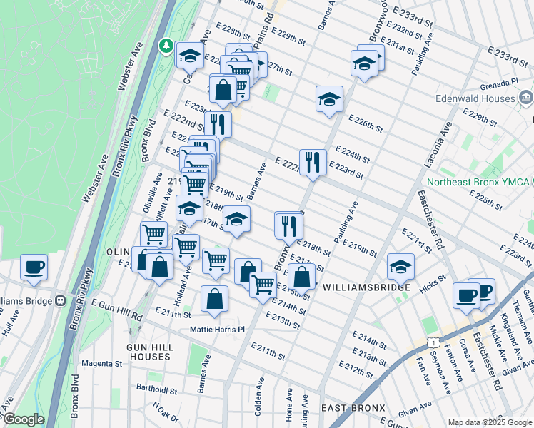 map of restaurants, bars, coffee shops, grocery stores, and more near 837 East 219th Street in Bronx
