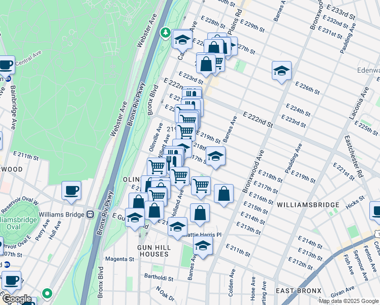 map of restaurants, bars, coffee shops, grocery stores, and more near 3738 White Plains Road in Bronx