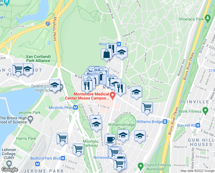map of restaurants, bars, coffee shops, grocery stores, and more near 3525 Rochambeau Avenue in Bronx