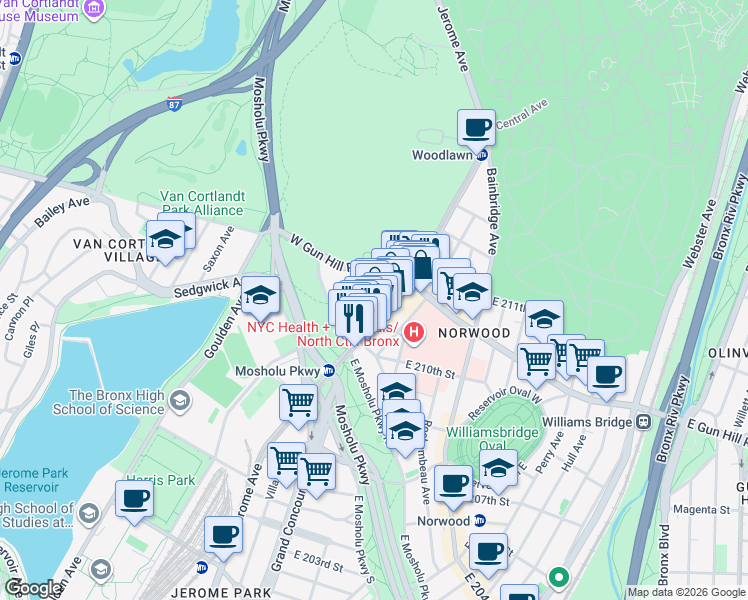 map of restaurants, bars, coffee shops, grocery stores, and more near in The Bronx