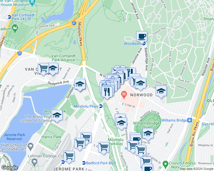 map of restaurants, bars, coffee shops, grocery stores, and more near in The Bronx