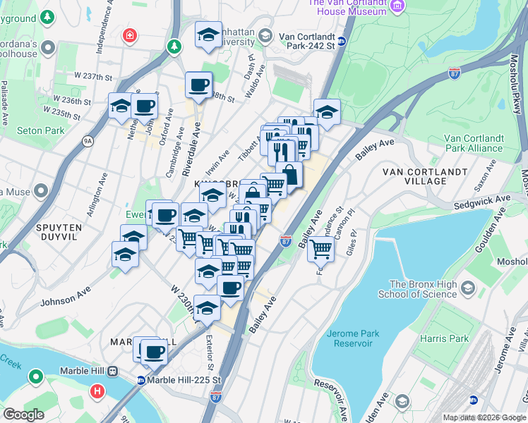 map of restaurants, bars, coffee shops, grocery stores, and more near in The Bronx
