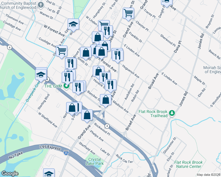 map of restaurants, bars, coffee shops, grocery stores, and more near 330 Grand Avenue in Englewood