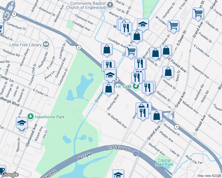 map of restaurants, bars, coffee shops, grocery stores, and more near 1301 Sterling Boulevard in Englewood