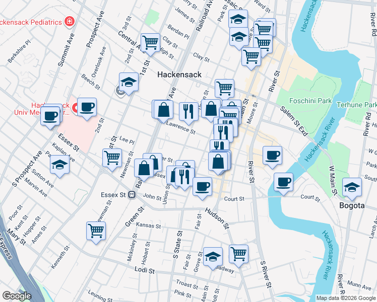 map of restaurants, bars, coffee shops, grocery stores, and more near 90-110 Atlantic Street in Hackensack