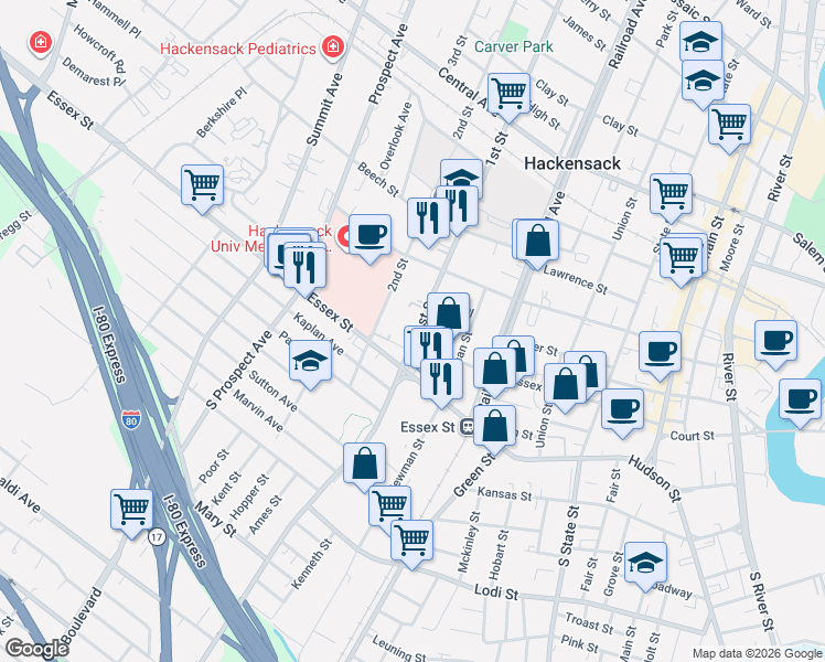 map of restaurants, bars, coffee shops, grocery stores, and more near 52 1st Street in Hackensack