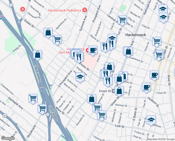 map of restaurants, bars, coffee shops, grocery stores, and more near 307 Essex Street in Hackensack