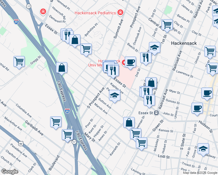 map of restaurants, bars, coffee shops, grocery stores, and more near 35 South Prospect Avenue in Hackensack