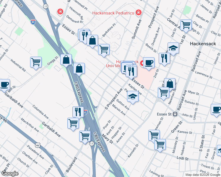 map of restaurants, bars, coffee shops, grocery stores, and more near 380 Simons Avenue in Hackensack