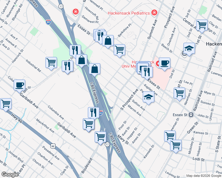map of restaurants, bars, coffee shops, grocery stores, and more near 434 Marvin Avenue in Hackensack