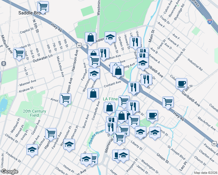 map of restaurants, bars, coffee shops, grocery stores, and more near 49 Contant Avenue in Lodi